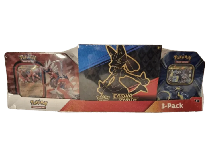 Costco Pokémon Collector 3-Pack: Crown Zenith ETB + Paldea Legends Tins, tin packaging